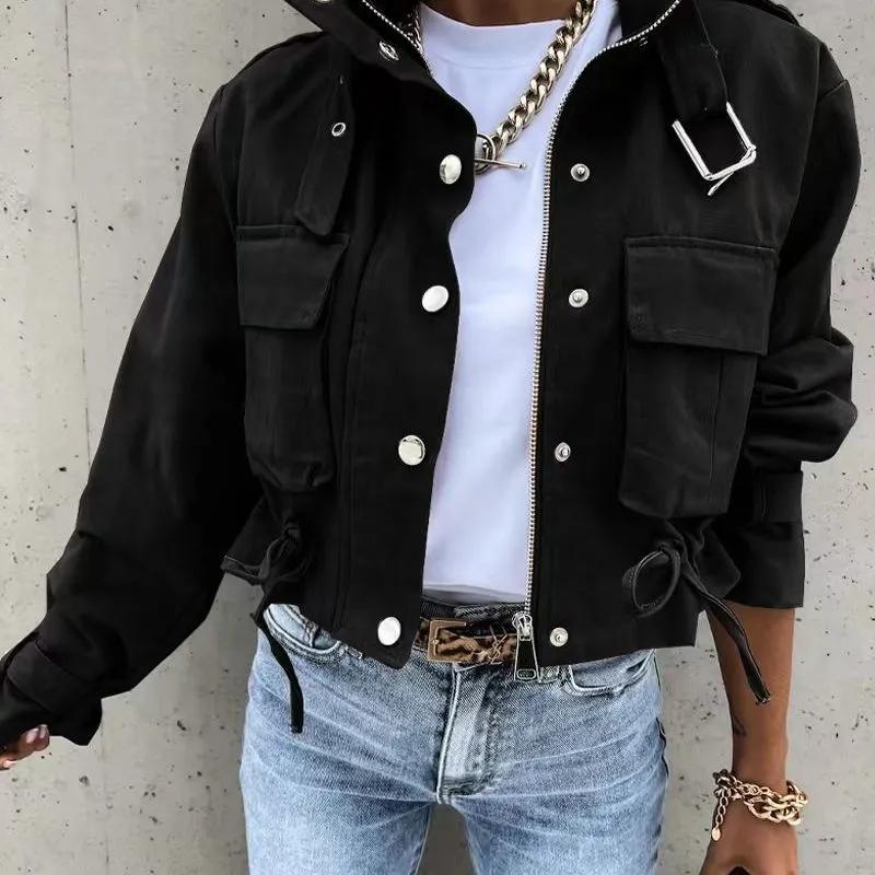 Женская куртка Одежда Уличная одежда Осень Весна Элегантная Приталенная Круглый вырез Однотонная Дизайн с карманами и пуговицами Длинный рукав Рабочая одежда Пальто