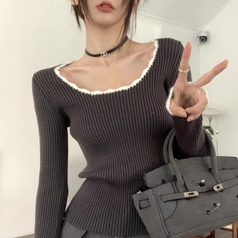 Women's Chic French-Style Knitted Wood Ear Edge Sweater - High-End Short Top for Early Autumn