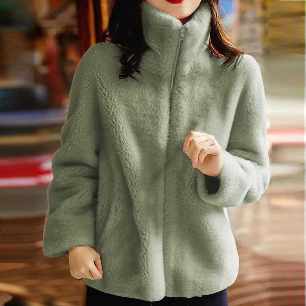 Ladies Casual Fashion New Zipper Sweater Women's Double-sided Velvet Solid Color  Warm High Collar Jacket