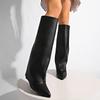 Мода Мода Сапоги до колена с широким голенищем для женщин Острый носок Клиновидный каблук Зимняя обувь Женские Уличный стиль Черная искусственная кожа Длинные сапоги