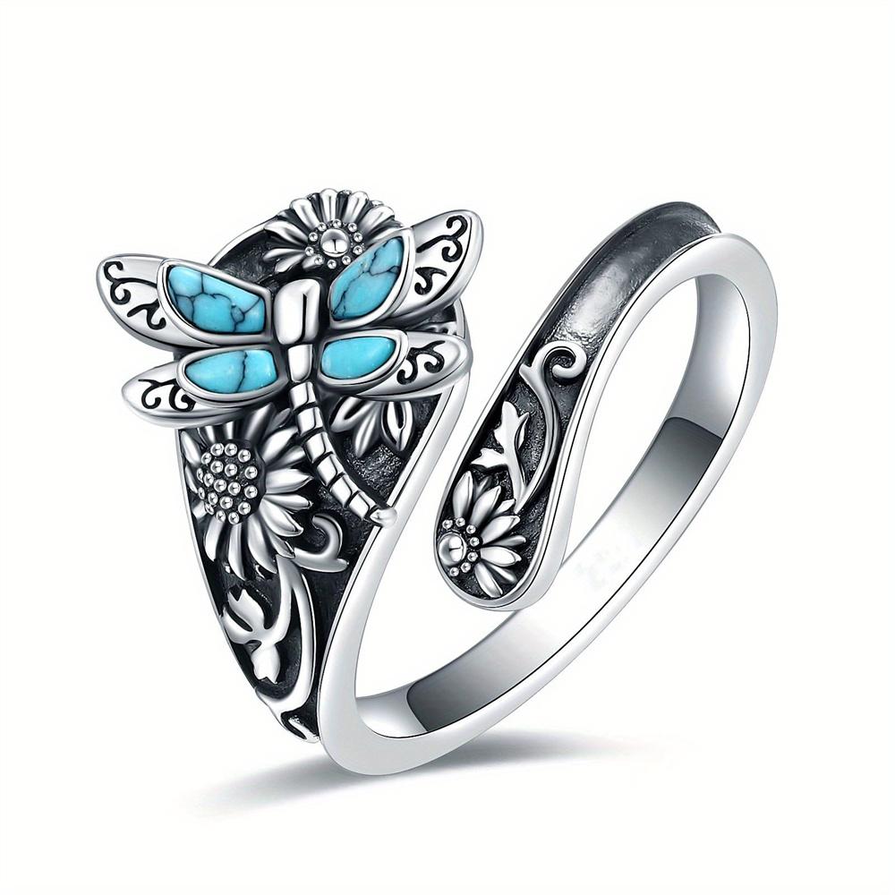 1 Pcs 925 Sterling Silver Vintage Ring Flower Dragonfly Blue Opal Open Adjustable Rings Jewelry Birthday Gift For Women Men