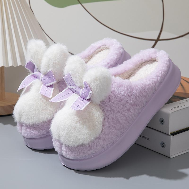 Новые женские зимние домашние тапочки с пушистыми ушками кролика, хлопковая обувь для женщин, зимние легкие меховые шлепанцы, розовые тапочки-кролики