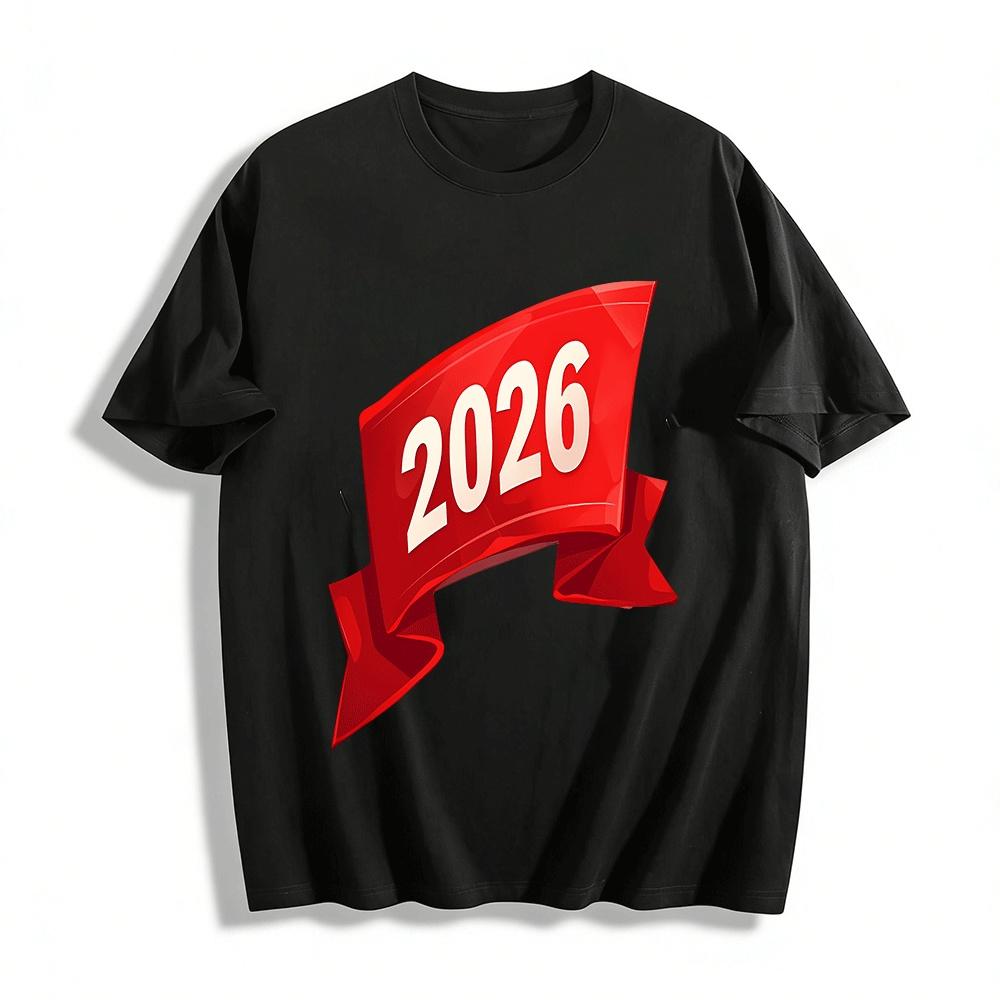 2026 Новый год Тематический Принтованный Повседневный Топ Для Мужчин И Женщин Хлопковая Футболка