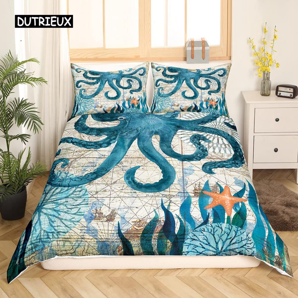 Пододеяльник с бирюзовым узором King Queen Ocean Spanish Mackerel Пододеяльник с изображением морского подводного мира Морская жизнь Комплект постельного белья из полиэстера