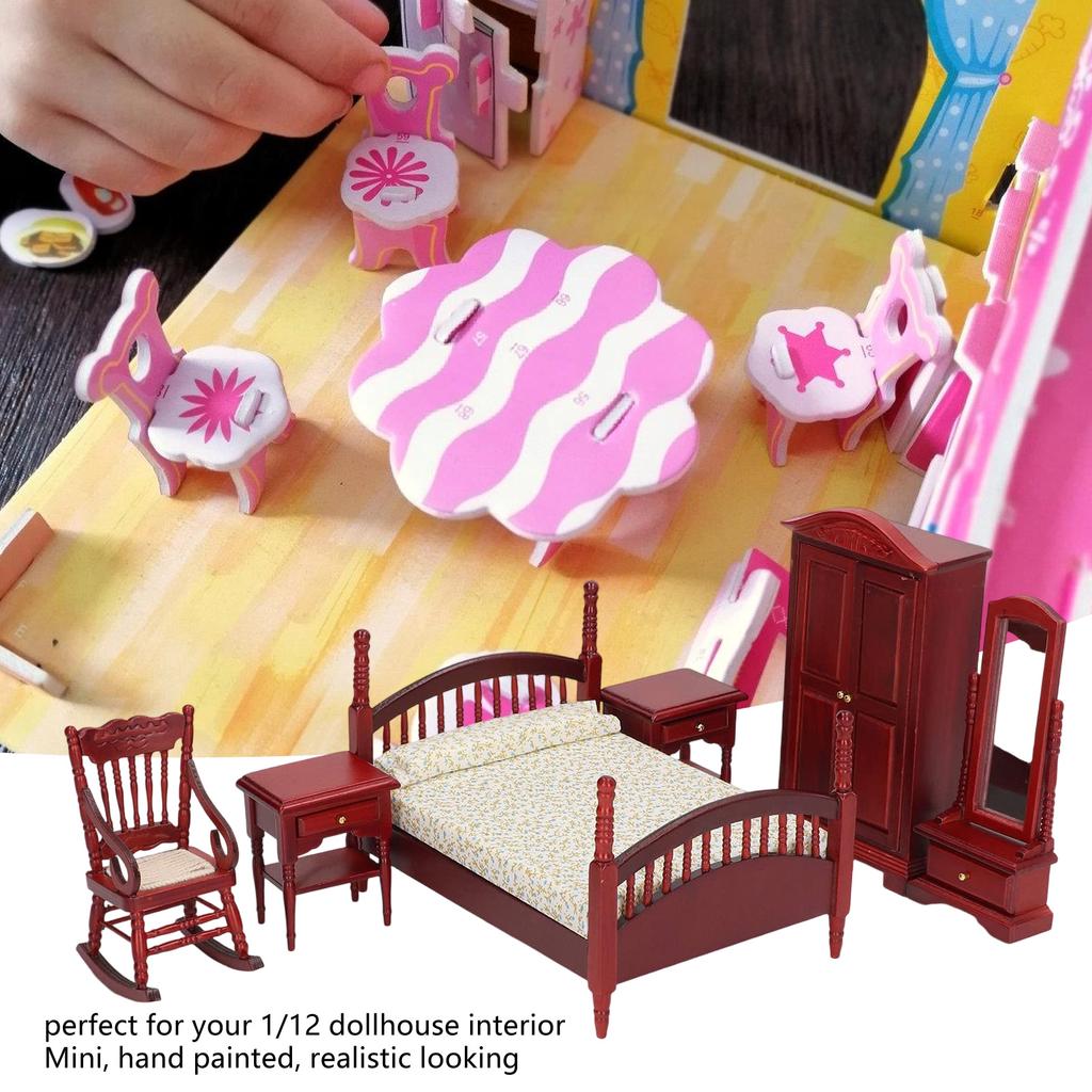 6Pcs Retro Dollhouse Bedroom Furniture Set Handcrafted Wood Miniatures for 1/12 Scale DIY Display