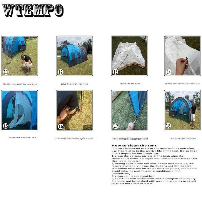 WTEMPO Большая палатка для кемпинга на 5-8 человек, водонепроницаемая парусиновая туннельная палатка из стекловолокна, двухслойная дышащая противомоскитная палатка, две комнаты и одна палатка для зала