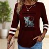 Топы для женщин Doubtful Cat Print Round Neck Футболка с длинным рукавом Осенний повседневный тонкий пуловер Женский топ с длинным рукавом