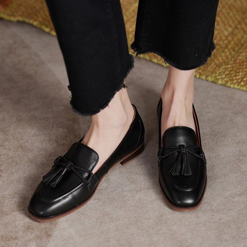Women Retro Preppy Loafers Soft Leather Thin Shoes Fashion Small Heels Bows Tassels Pumps Slip-on Casual Shoes Lady Work Shoes