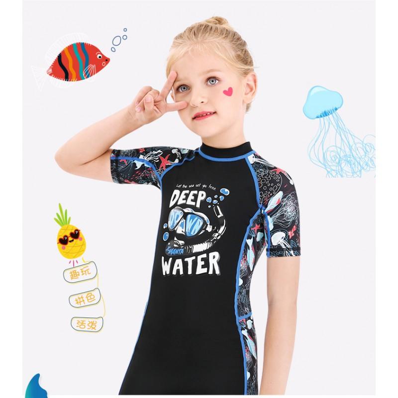 Kids UV Protection Swimsuit With Short Sleeves One-Piece Rash Guard Girls Boys Toddler Beach Snorkeling Quick-Dry