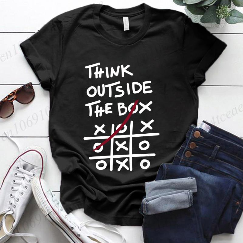 Think Outside The Box Printed Women T-Shirts, Women's Casual Tee Shirts Clothing Short Sleeve Crew Neck Top for Summer & Spring