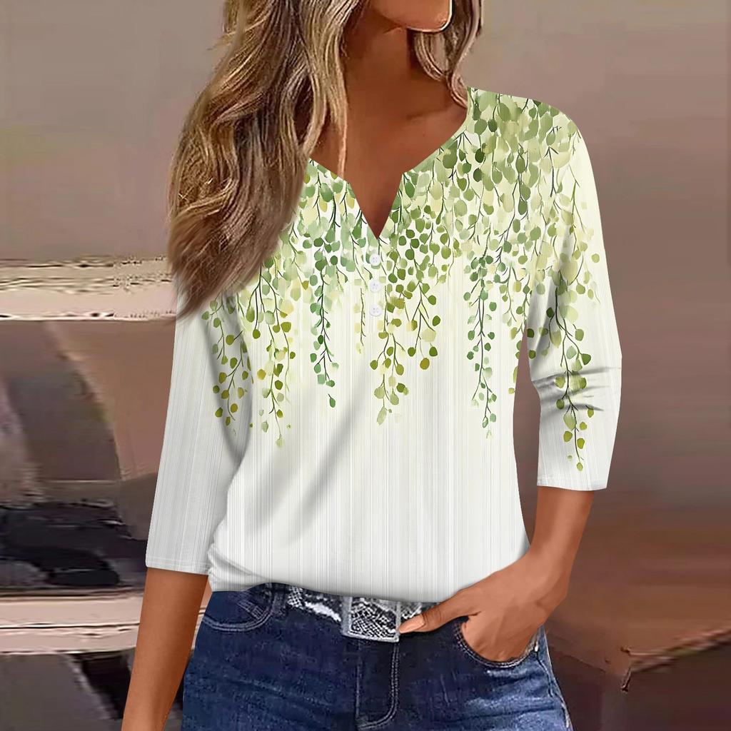 Women's T Shirt Print Button 3/4 Sleeve Daily Weekend Fashion Basic V- Neck Regular Top