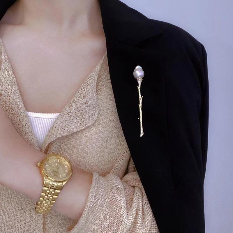 Rose tulip baroque pearl brooch empty support gold-plated copper micro-paved zircon pin corsage