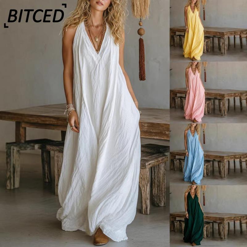 BITCED Модные летние весенние однотонные принтованные платья без рукавов с V-образным вырезом Повседневные платья Международный дизайн