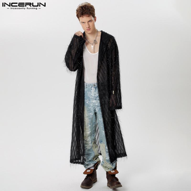 INCERUN Мужские прозрачные длинные кардиганы с кисточками и кимоно с открытым передом и капюшоном