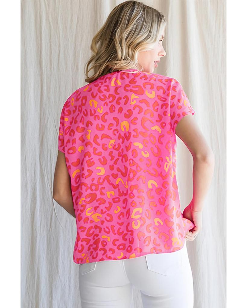 Azura Exchange Блузка с короткими рукавами и V-образным вырезом с розовым леопардовым принтом