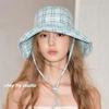 New plaid striped bucket hat women's summer versatile washbasin hat big brim shading sun protection hat