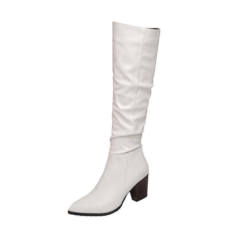 Women Knee High Long Boots Pointed Toe Thick High Heels Zipper Pleated Gogo Boots Ladies Fashion Shoes Autumn Winter 46