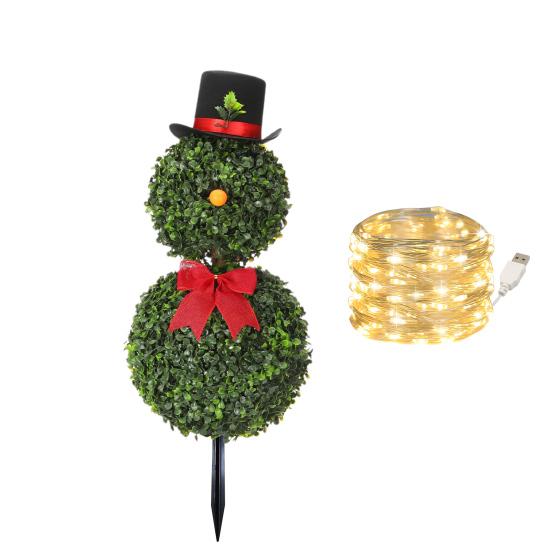 Yousheng Christmas Snowman Topiary Artificial Snowman Shaped Topiary Tree with Bow And Hat Outdoor Boxwood Topiary with Stake for Home Porch Decor