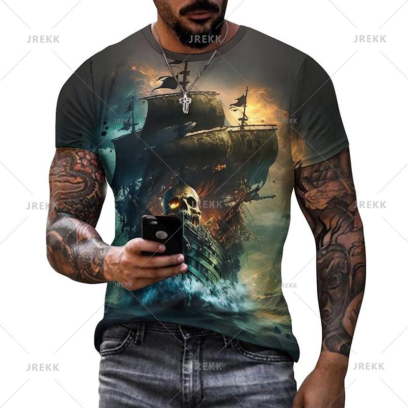 Summer Mens T Shirts Casual Loose T-shirt Sail Boat Pirate Ship 3D Printed O Neck Short Sleeve T Shirt Homme Oversized Quality