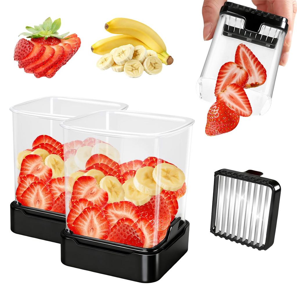 Fruit Slicer Cup for Strawberry, Banana, Hard-Boiled Egg - Detachable Cutter with Push Plate - 304 Stainless Steel Blade - Rapid & Safe Slicing