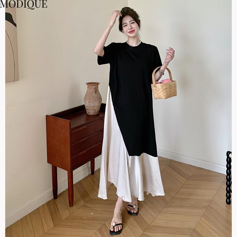 MODIQUE Летние платья больших размеров для женщин, свободные, элегантные, в тон, шелковые, пэчворк, длинные платья, женские, повседневные, с коротким рукавом и круглым вырезом