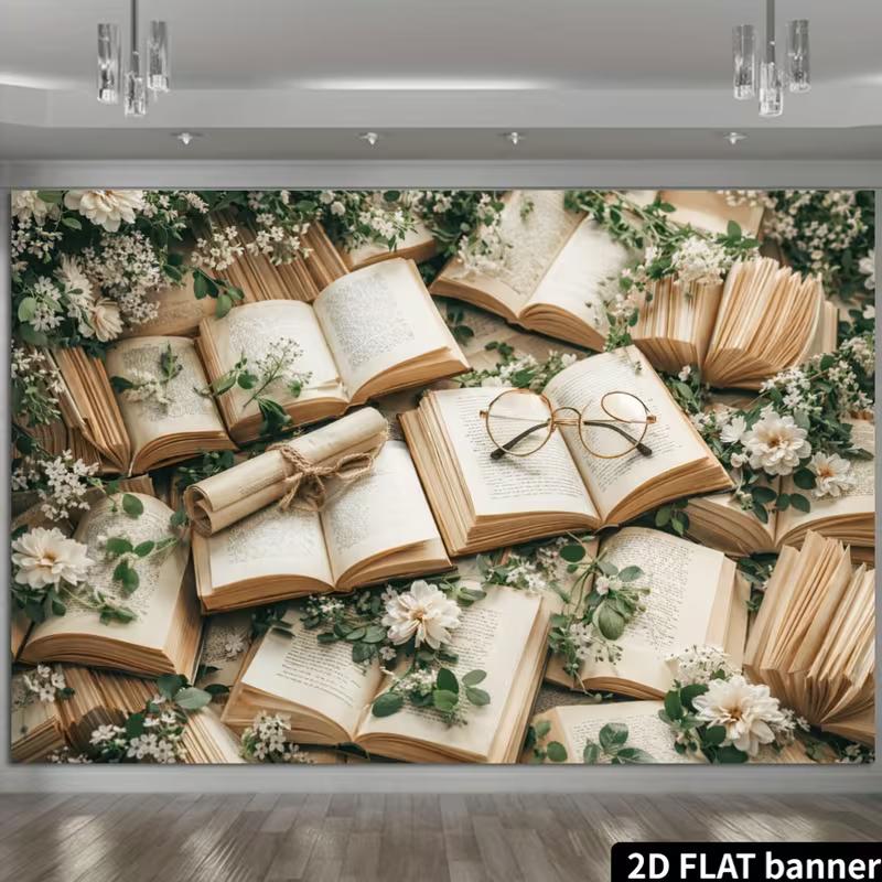 Двумерный винтажный открытый книга и цветочный настенный гобелен, эстетичный фон для уголка для чтения в домашнем декоре