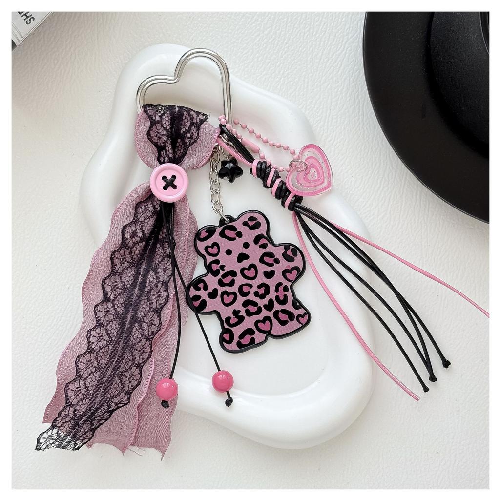 Pink Black Leopard Bear Lace Ribbon Bag Charm Carabiner Beaded Tassel Gothic Cute Bag Pendant Bag Charm