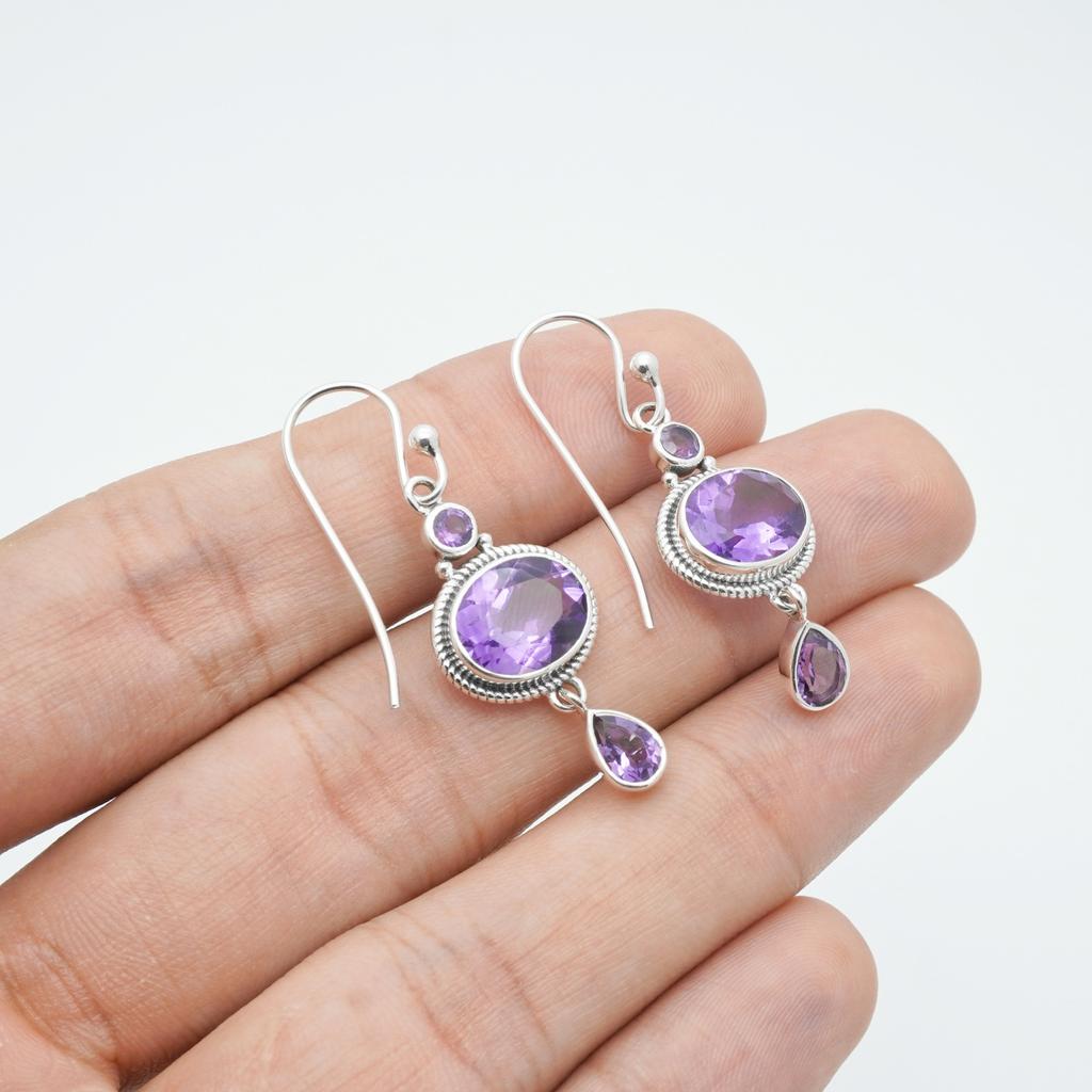Handmade Amethyst Drop Earrings: 925 Sterling Silver Dangle Jewelry