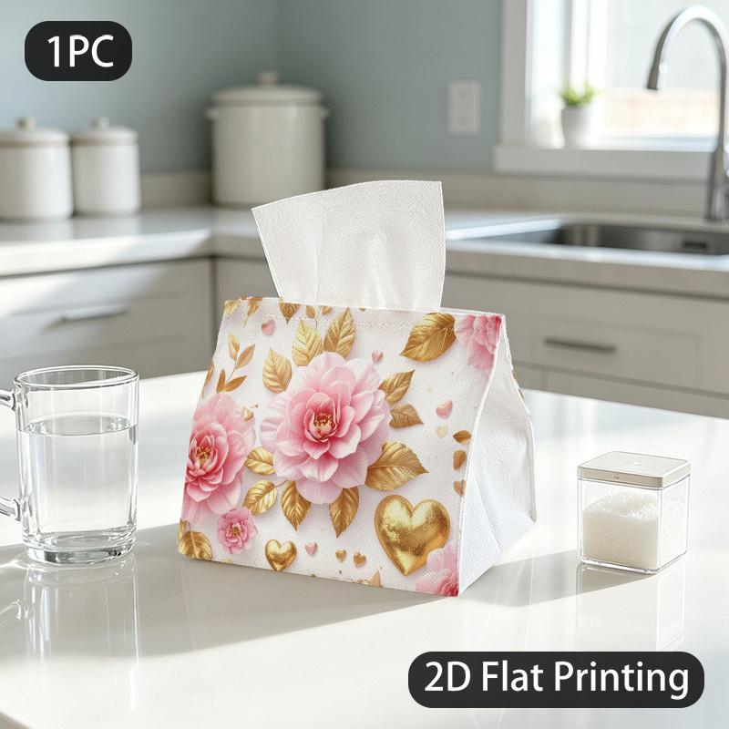 1pc Tissue Box, Elegant Romantic Pink Golden Floral Heart Pattern, 2D Flat Printing, Crafted with Strong Polyester, Easy to Carry, Tissue Container, f