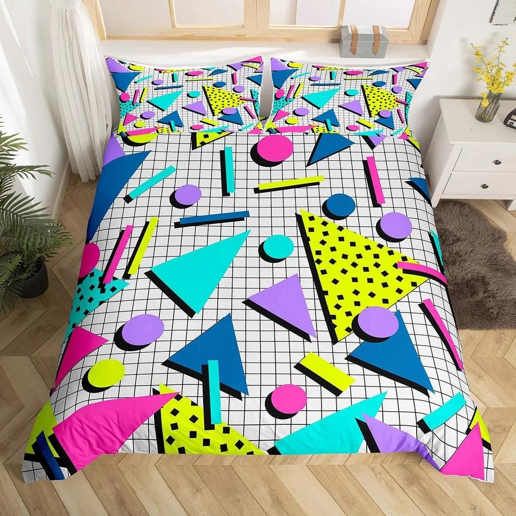 Retro Memphis Style Duvet Cover Set Galaxy Fashion Style Geometric Shapes Bedding Set Full,Hipster Old Fashioned Comforter Cover