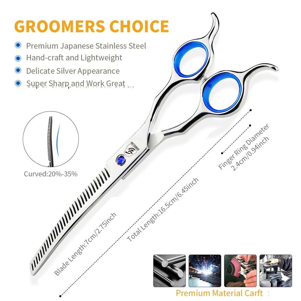 SANGELAR Профессиональный набор для ухода за домашними животными длиной 6,5 дюйма, прямые и изогнутые ножницы, 2 филировочных ножницы (20%-55%), Кровоостанавливающий зажим, расческа и премиум-кейс