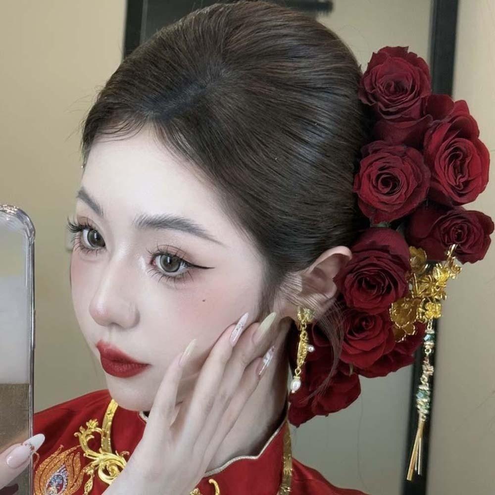 Chinese Style Golden Phoenix Hairpin Sweet Bride Flower Side Clips Beautiful Rose Hair Forks Party