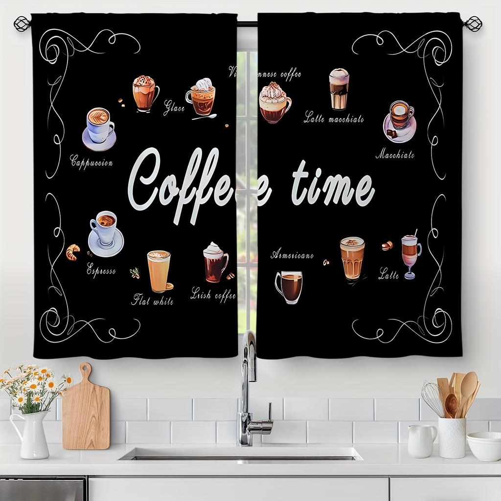 2Panel Кухонные Шторы Кофейная Ложка Растительный Принт Шторы для Окна Кухни Короткие Шторы Карманные Шторы для Кухни