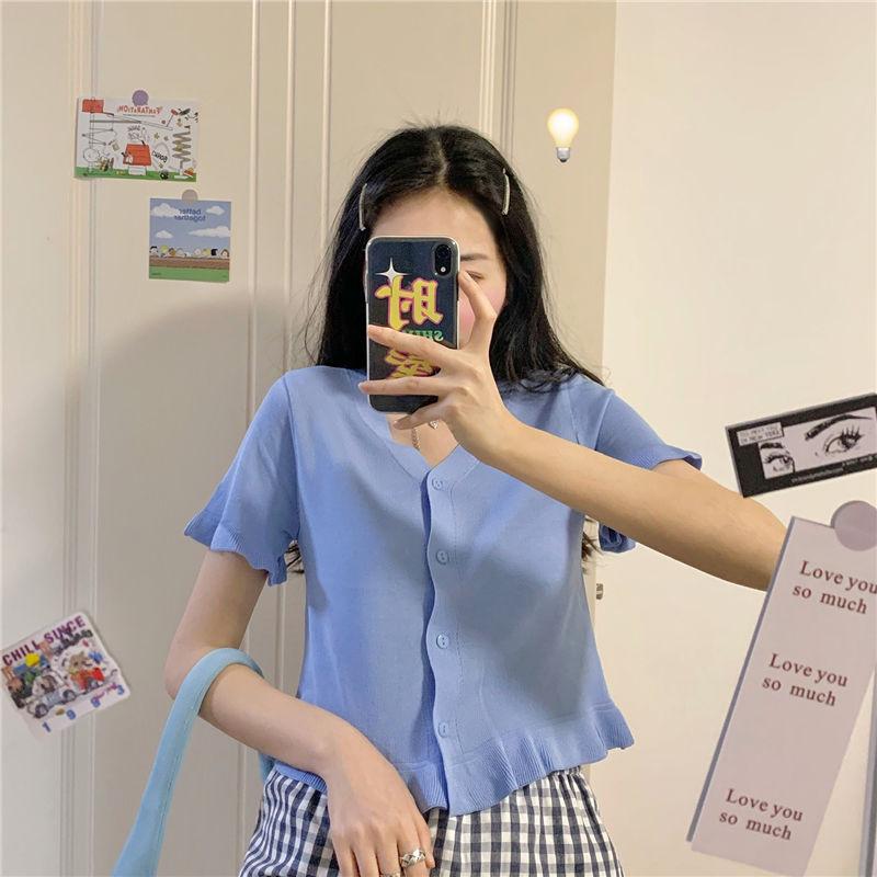 Spring Clothing Korean Version V-neck Lace Short Sleeved Knitted Sweater for Women, Slim Fit Short Cardigan Top for Outerwear