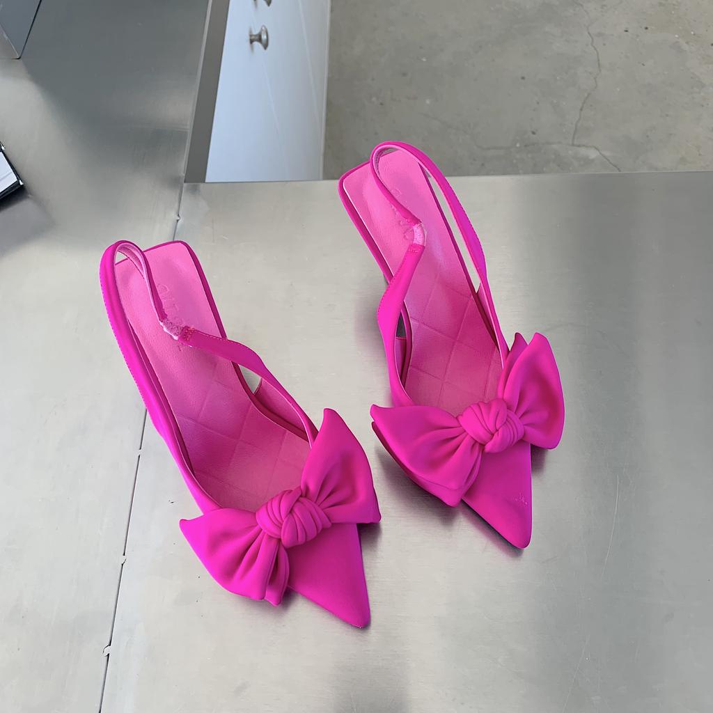 2024 Spring New Brand Woman Slingback Shoes Fashion Bowknot Ladies High Heels Elegant Pointed Toe Slip On Sandal Mules D110