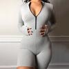 European and American Style Spring Round Neck Zippered Long Sleeved Thread Slim Fit Solid Color Jumpsuit
