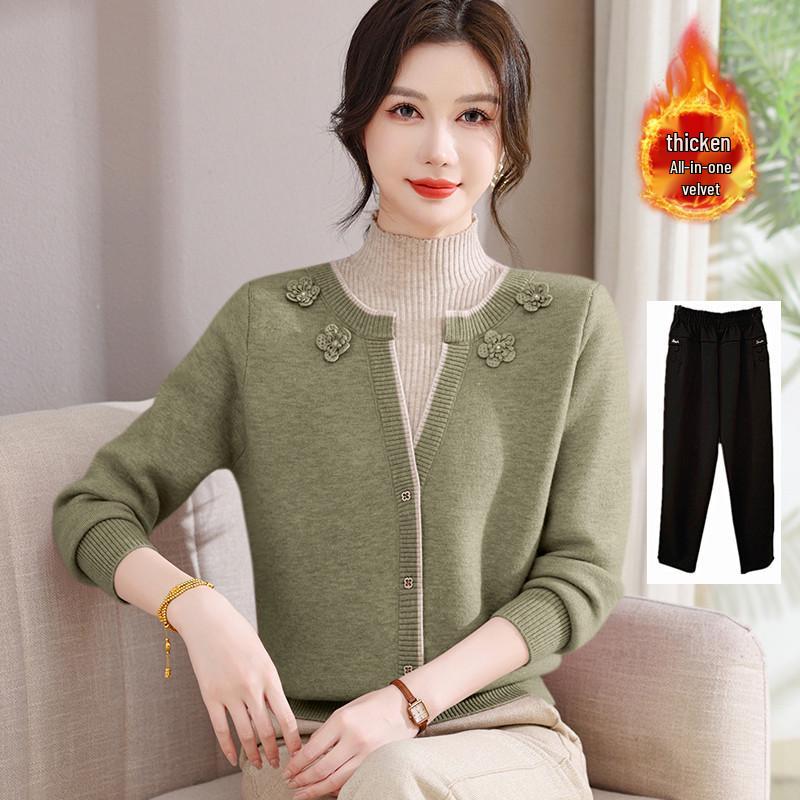 Stylish Faux Two-Piece Velvet Sweater for Middle-Aged & Elderly Women - Warm Knit Base Layer