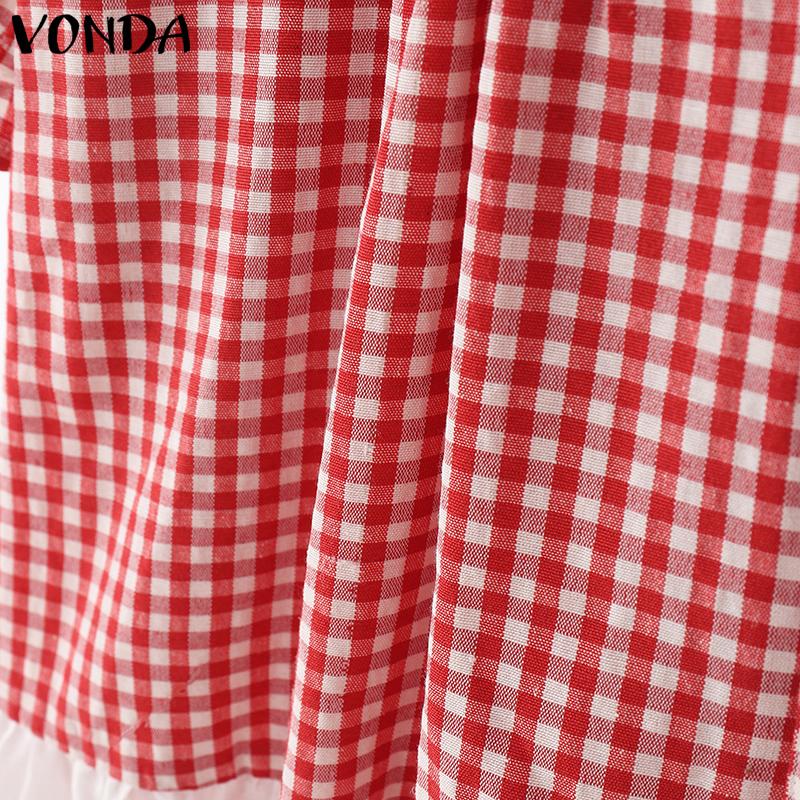 VONDA Women Short Sleeve Plaid Lace Crochet Ruffled Casual Blouse