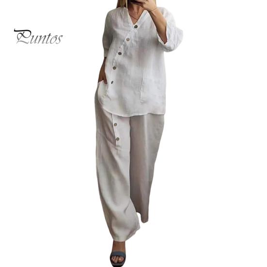 2 Pcs/Set Blouse Pants Set V Neck Button Decor Three Quarter Sleeves Top Wide Leg Loose Elastic Waist Trousers OL Commute Casual Homewear Outfit