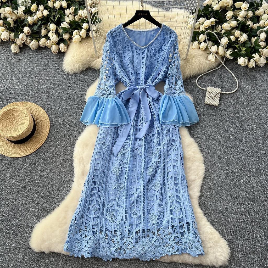 France Vintage Hollow Out Evening Dress Women Sashes V-Neck Flare Sleeve Crochet Elegant Dress Female Casual Chic Clothing