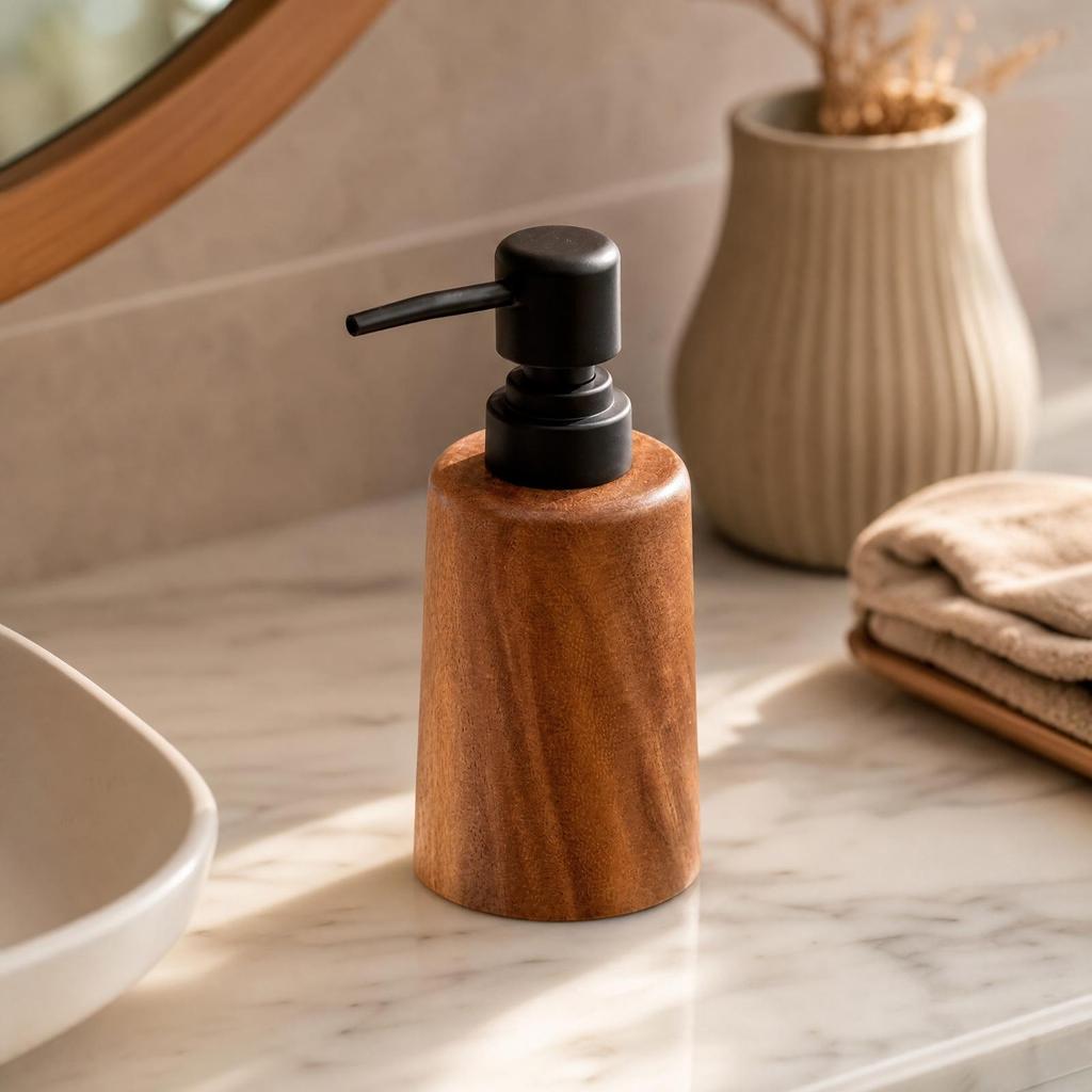 Walnut Wood Pump Dispenser Bottle Refillable Wooden Pump Bottle with Side Nozzle for Bathroom, Kitchen
