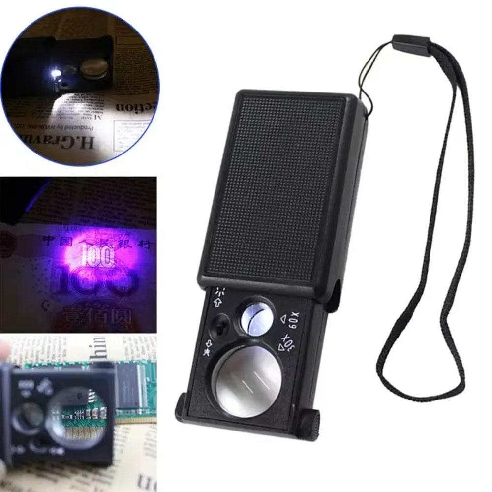 30X 60X Карманная ювелирная лупа Раздвижная освещаемая лупа с УФ-светодиодной подсветкой Ручная лупа Линза для бриллиантов Монет