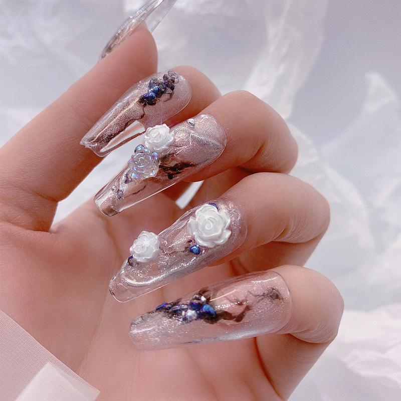 White Aurora Camellia Nail Art Jewelry Acrylic Resin Flowers Design Elegant Wedding Charms Accessories Rhinestone Decor