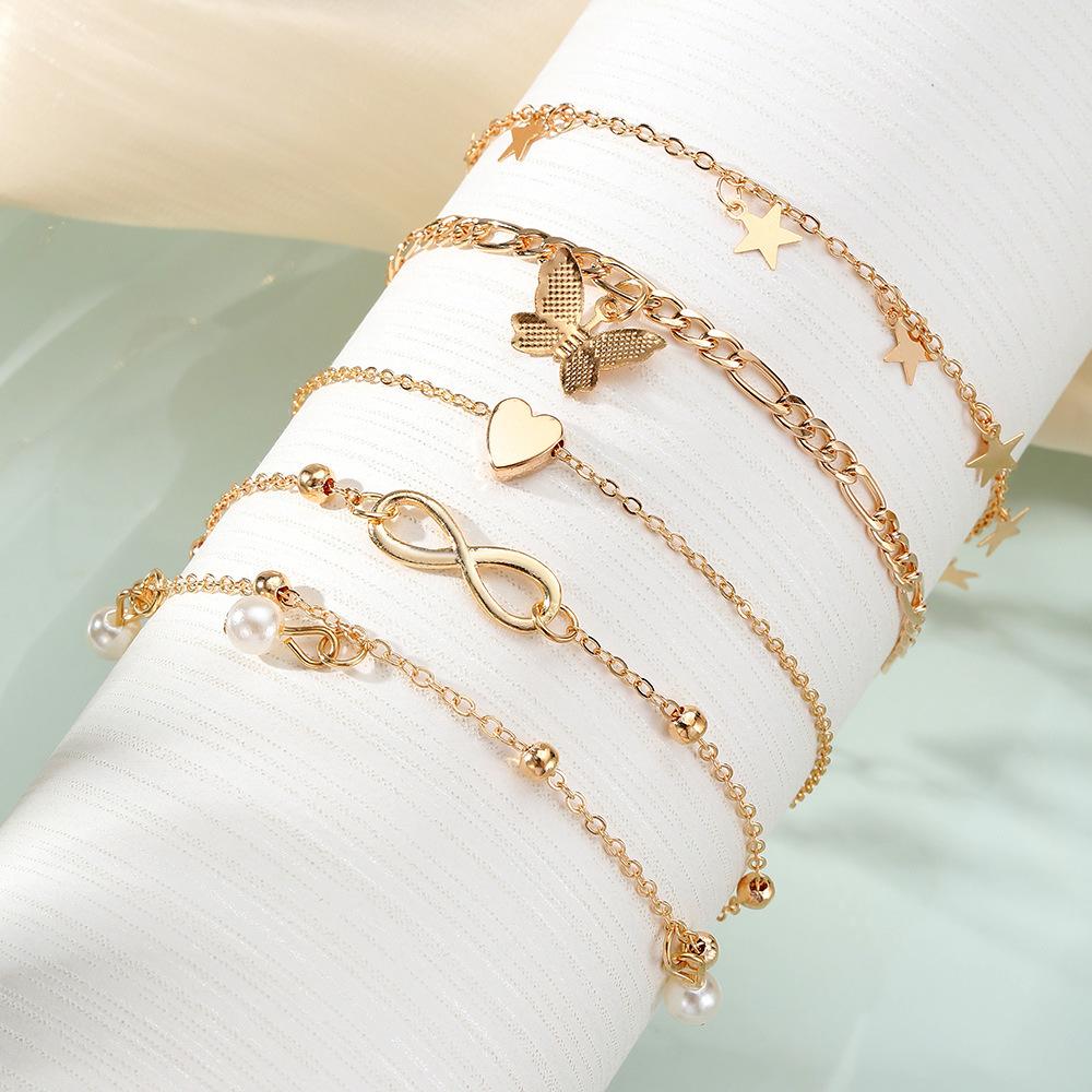 European and American hot-selling butterfly pearl love anklet 1-piece set multi-layer pendant anklet anklet jewelry