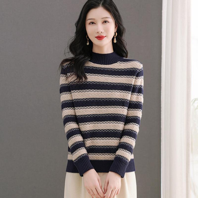 Wool Color Block Knit Sweater - Women's 2023 Autumn/Winter Slimming Half-High Neck