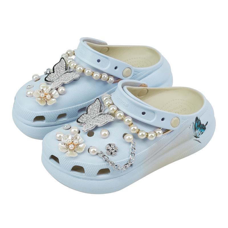 Crocs Crush Clog Spring Butterfly Letter EVA Butterfly Deconstructed Natural Fresh Pearl Decorative Buckle Hole Shoes Unisex Light Blue