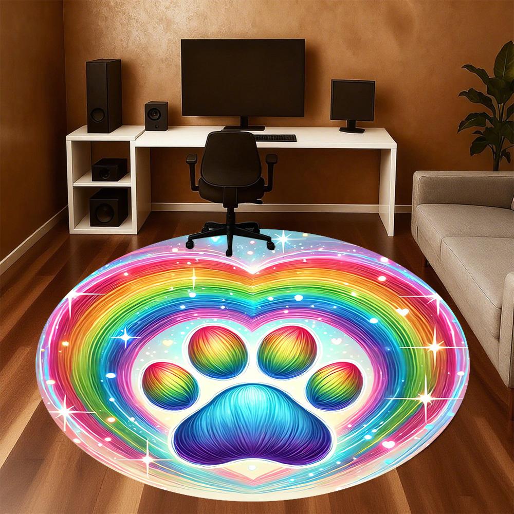 1pc Rainbow paw print Round Chair mat Area Rug - Non-Slip, Floor Mat for Office, Bedroom, and Indoor Decor -1002113