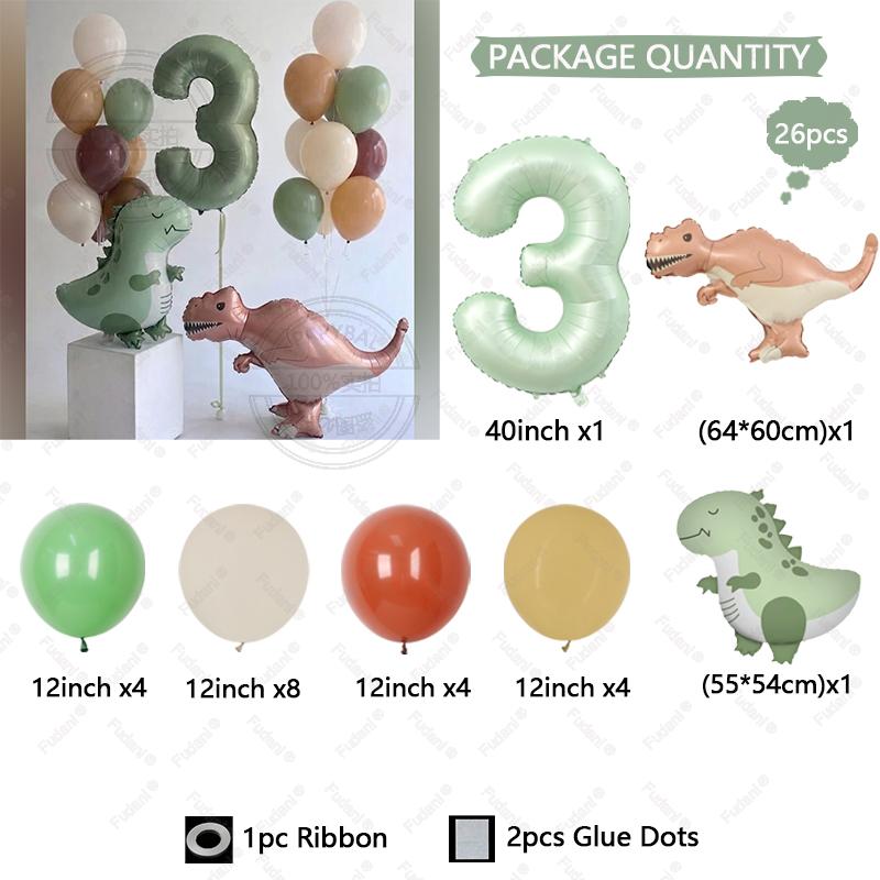26pcs Tyrannosaurus Rex Cute Dinosaur Balloon Olive Green Number 1-9 Balloon Set Jurassic Theme Birthday Party Decoration