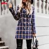 Women's Fashion Plaid Houndstooth Printing Long Jacket Lapel Trench Coat Overcoat Winter Wool Coat Women Abrigos Mujer