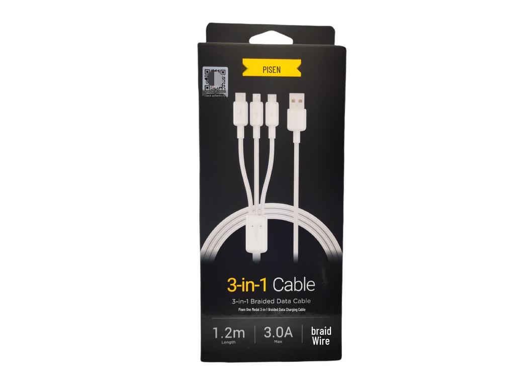 Pisen 100W USB-C 3-in-1 Braided Fast Charging Cable, Customizable with Logo.
